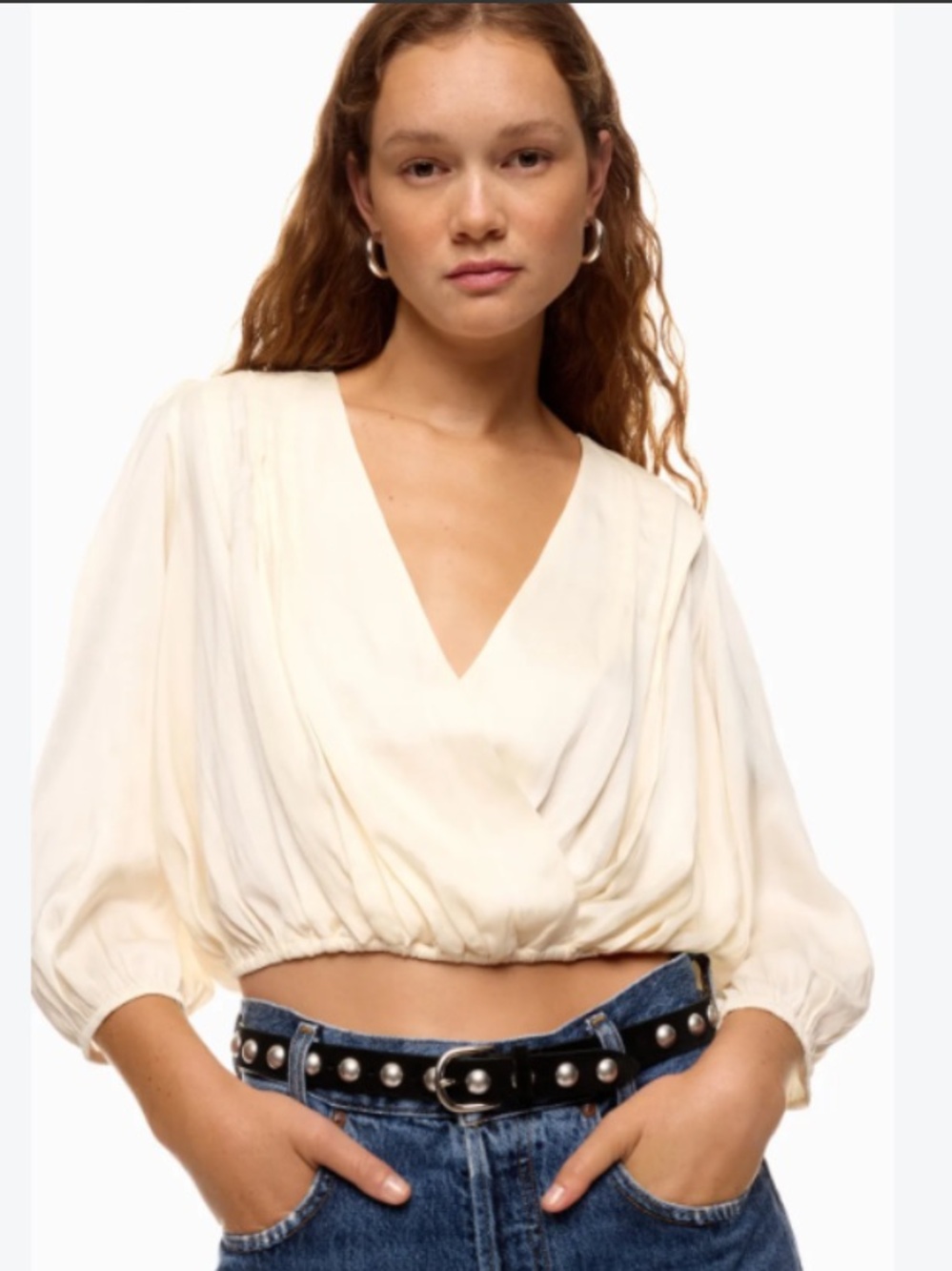 Splendid Cream V-Neck Draped Cropped Blouse